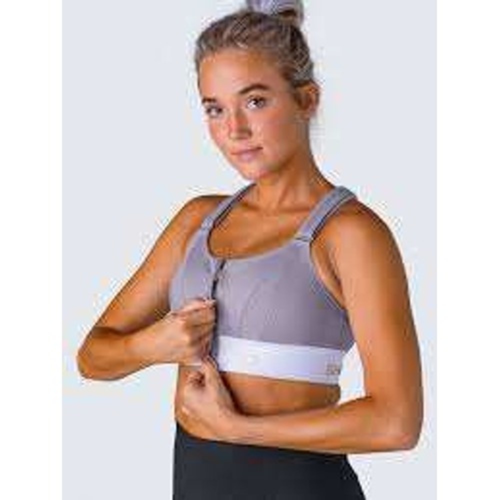 SHEFIT Front-Zip Support Bra in Light Purple with White Band